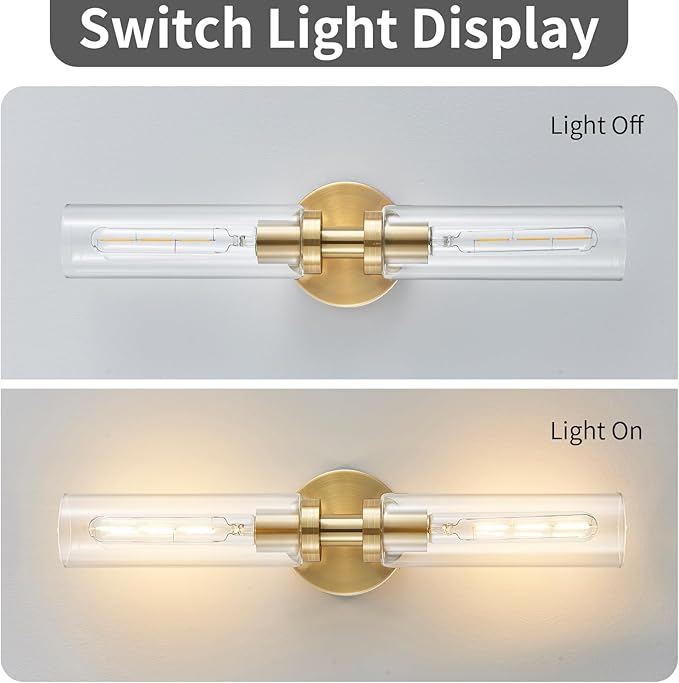 2-Light Brushed Brass Gold Bathroom Light Fixtures Over Mirror Modern Vanity Light Wall Lighting with Clear Glass Shade for Bathroom, Bedroom, Hallway, Cabinet