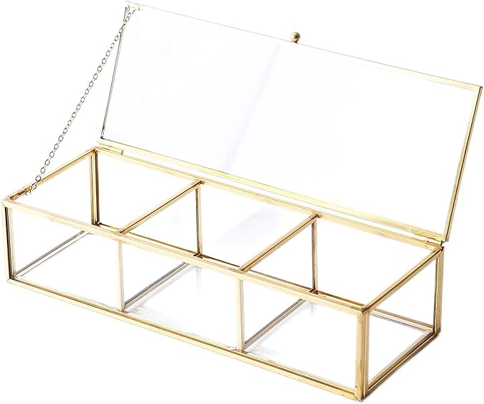 Utopz Vintage Golden Glass Lidded Box Clear Glass & Brass Metal Storage Jewelry and Cosmetic Makeup Organizer with Lid Beauty Display, Rectangle with 3 Compartment