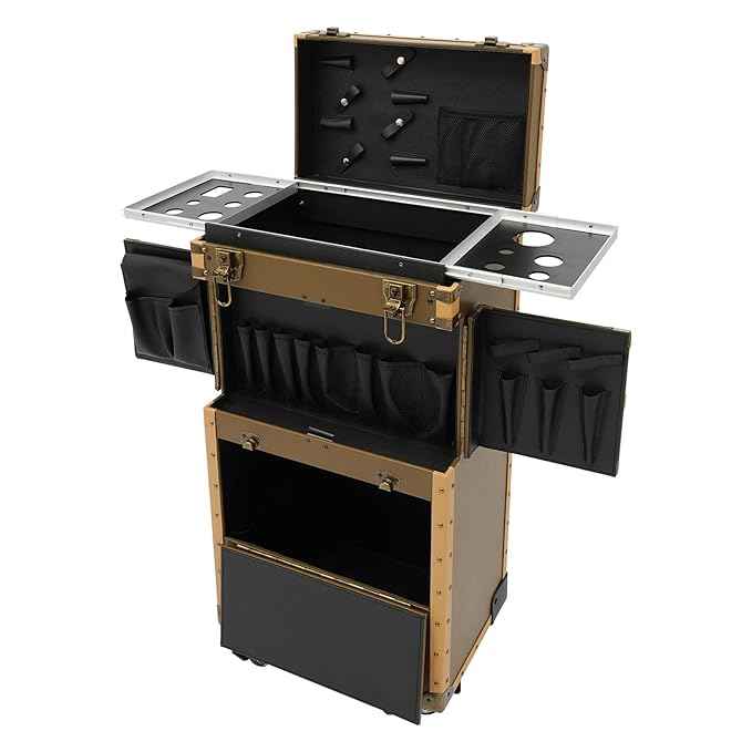 CNCEST Beauty Salon Luggage,Rolling Lockable Makeup Train Case Hairdressing Trolley Stylist Beauty Salon Cosmetic Luggage Travel Organizer Tool Box with Hair Dryer Holder (Gold)