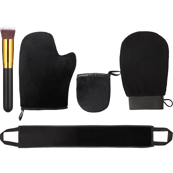 Boao 5 Pieces Self Tanning Mitt Applicator Kit, Includes Tanning Mitt, Exfoliating Glove, Mini Face Glove, Back Lotion Applicator, and Large Brush Makeup