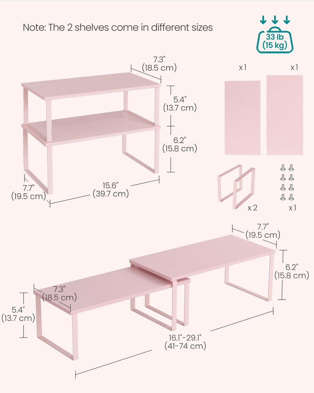 SONGMICS Cabinet Organizer Shelf, Set of 2 Kitchen Counter Shelves, Kitchen Storage, Spice Rack, Stackable, Expandable, Metal and Engineered Wood, 15.6 Inches, Jelly Pink UKCS025S01