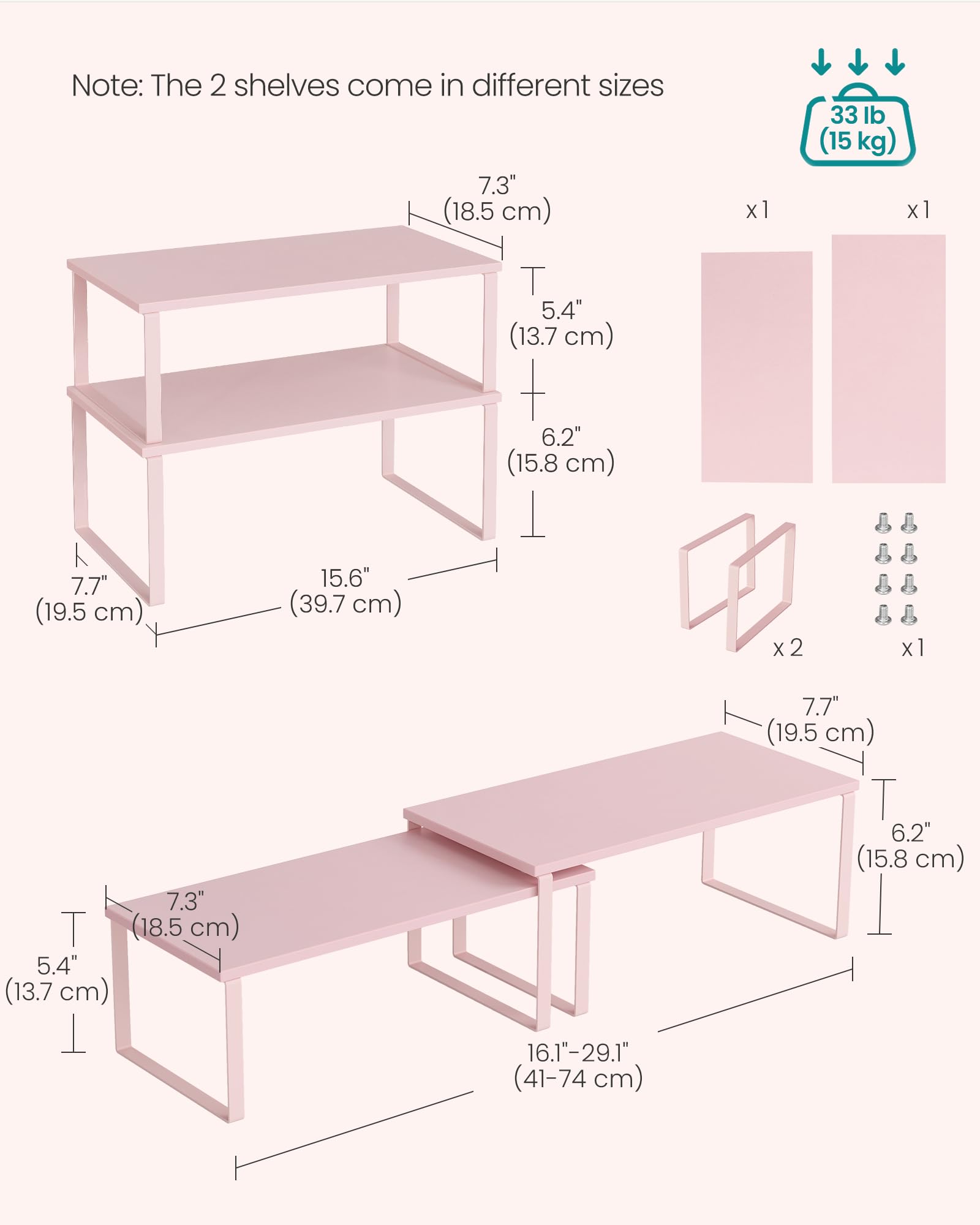 SONGMICS Cabinet Organizer Shelf, Set of 2 Kitchen Counter Shelves, Kitchen Storage, Spice Rack, Stackable, Expandable, Metal and Engineered Wood, 15.6 Inches, Jelly Pink UKCS025S01