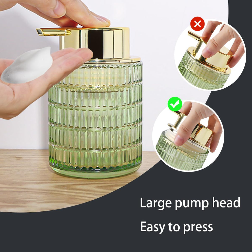 Tonxus Foam Soap Dispenser, Green Glass Foaming Soap Dispenser, 10 Oz Refillable Hand Soap Dispenser Liquid Lotion Pump Container Ribbed Bottle for Bathroom Countertop Decor