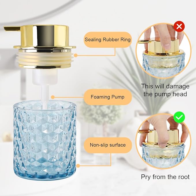 Fvstar 10 Oz Glass Hand Soap Dispenser with Pump, Refillable Bathroom Gold Foaming Soap Dispenser, Vintage Glass Diamond Lotion Container Bottle for Bathroom and Kitchen (1, Blue and Gold)