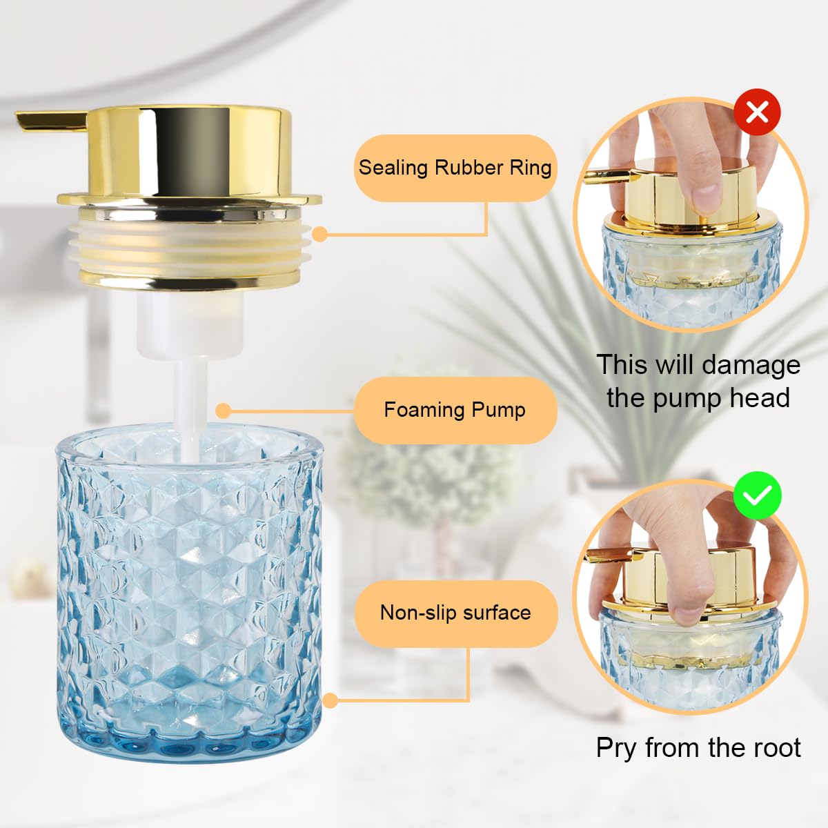 Fvstar 10 Oz Glass Hand Soap Dispenser with Pump, Refillable Bathroom Gold Foaming Soap Dispenser, Vintage Glass Diamond Lotion Container Bottle for Bathroom and Kitchen (2, Blue and Gold)