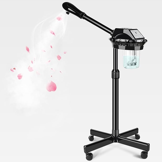 Professional Facial Steamer, Facial Steamer on Wheels with Time Setting & Adjustable Height Stand – Face Steamer for Spa, Salon and at Home Use