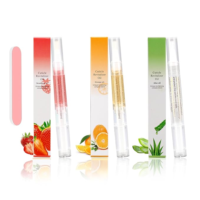 Meschett 3PCS Nail Cuticle Oil Pens with Nail File, Natural Cuticle Oil for Nail Care, Moisturizing Nail Oil for Dry Nails & Cuticles (Orange & Strawberry & Aloe Scent)