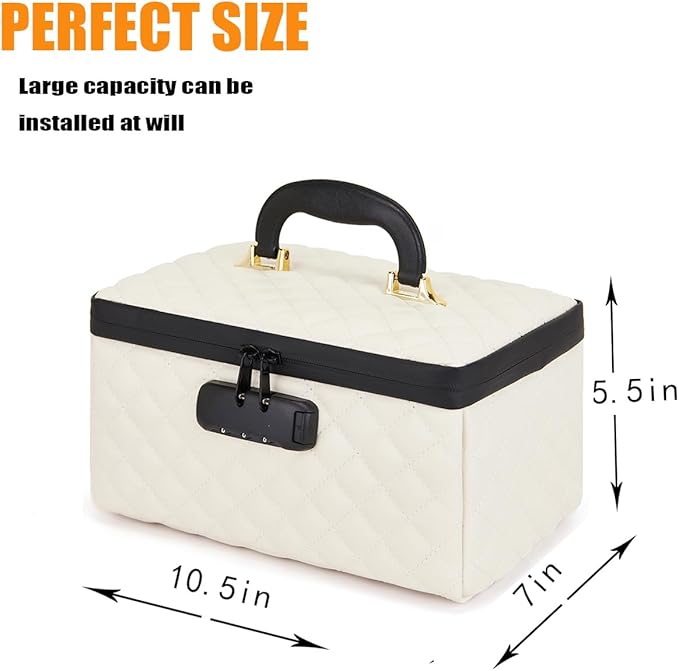 KaAutoler Portable makeup box with Lock, Large Capacity Travel Makeup Case Organizer, Makeup Bags for Girls Traveling With Handle and Divider Makeup Bag (off-white)