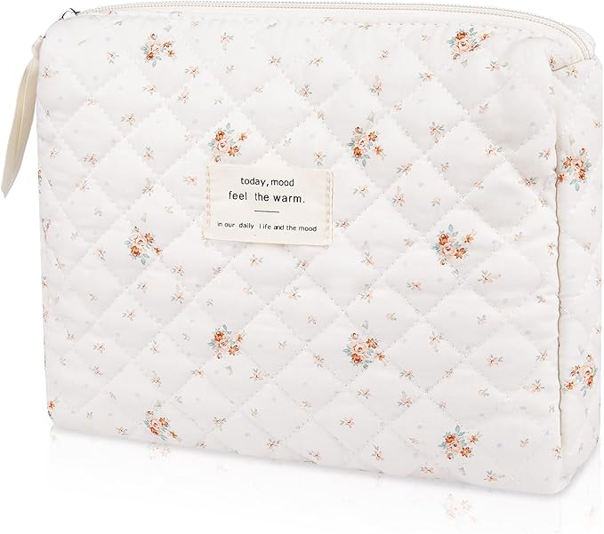 Gosect Floral Makeup Bag, Small Cosmetic Bag for Women Girls, Cute Cotton Makeup Bag, Quilted Makeup Bags, Flower Travel Toiletry Organizer Bag(Rose Pattern)