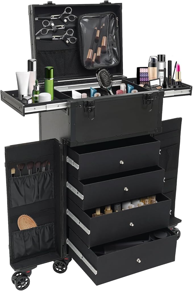 SuiYuLn 44.09lbs Lockable Makeup Train Case,Rolling Hairdressing Trolley,Beauty Salon Cosmetic Luggage with Universal Wheels for Hair Stylist,Make-up Artists (Black 8)