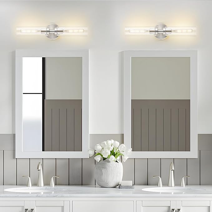 2-Light Brushed Nickel Bathroom Light Fixtures Over Mirror Modern Vanity Light Wall Lighting with Clear Glass Shade for Bathroom, Bedroom, Hallway, Cabinet