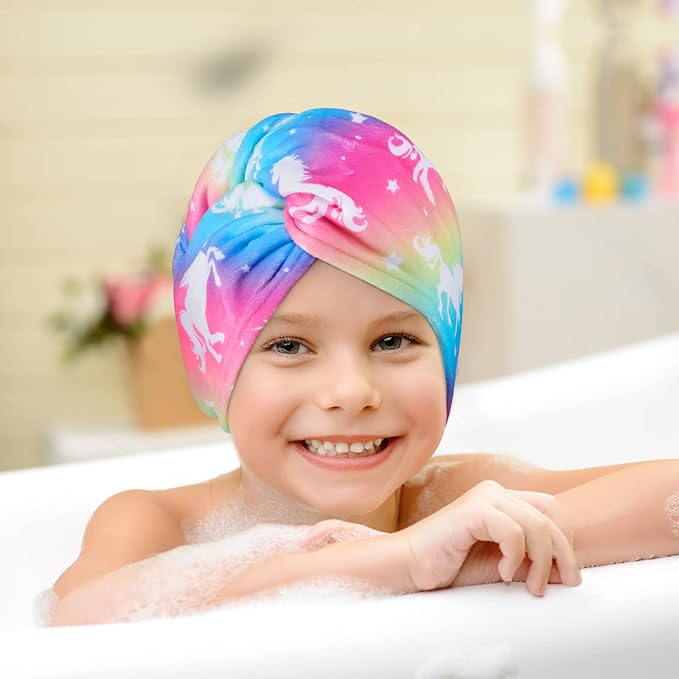 2 Pack Kids Hair Drying Towels Girls Unicorn Wet Hair Towel Quick Dry Twisty Hair Towels (Rainbow Unicorn)