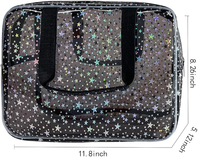 TotePrint Black Holographic Star Cosmetic Bag for Women 11.8x5.1x8.2 Inches Portable Travel Toiletry Bag with Handles,Durable PVC Material,Zipper Design-Ideal Large Clear Makeup Organizer