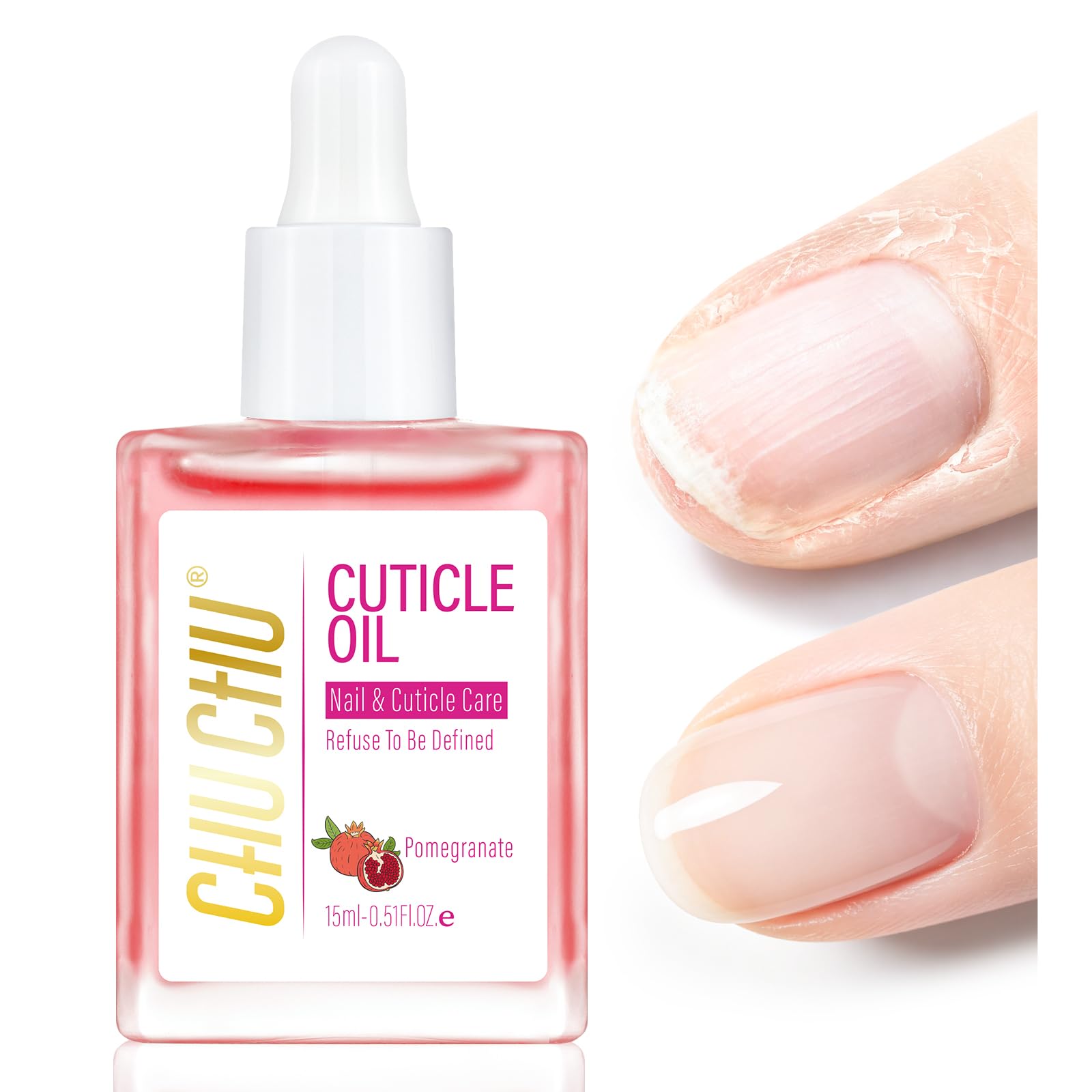 CHUCHU Vegan Cuticle Oil for Nail: Pomegranate Scent Natural Vitamin B & E Nail Oil - Hydrates Moisturizes Repairs for Nails Damage Dry Cuticle 0.51 Fl Oz