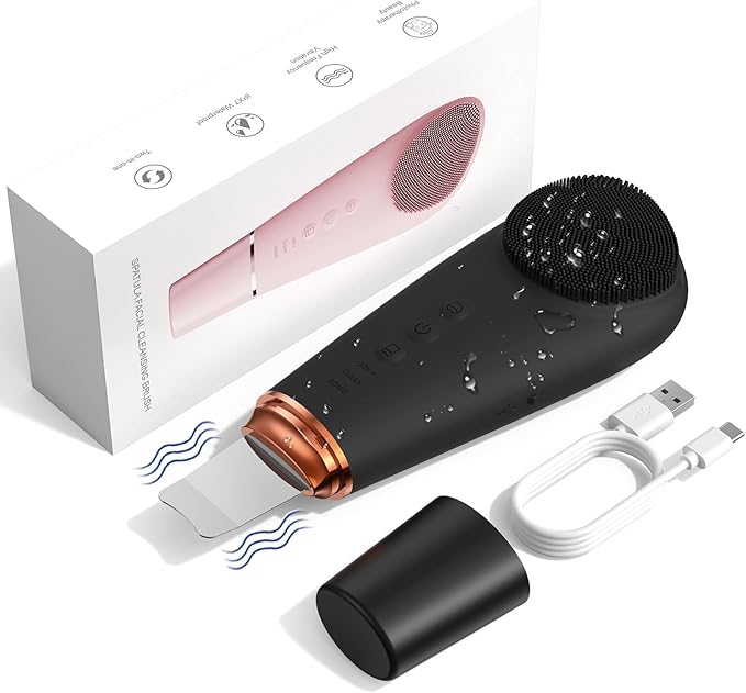 Facial Cleansing Brush & Massager, 2 in 1 Facial Skin Scrubber Waterproof and Rechargeable Face Scrub for Deep Cleansing Vibrating Exfoliator Scrubber Skin Care with 7 Modes,Gentle Exfoliating - Black