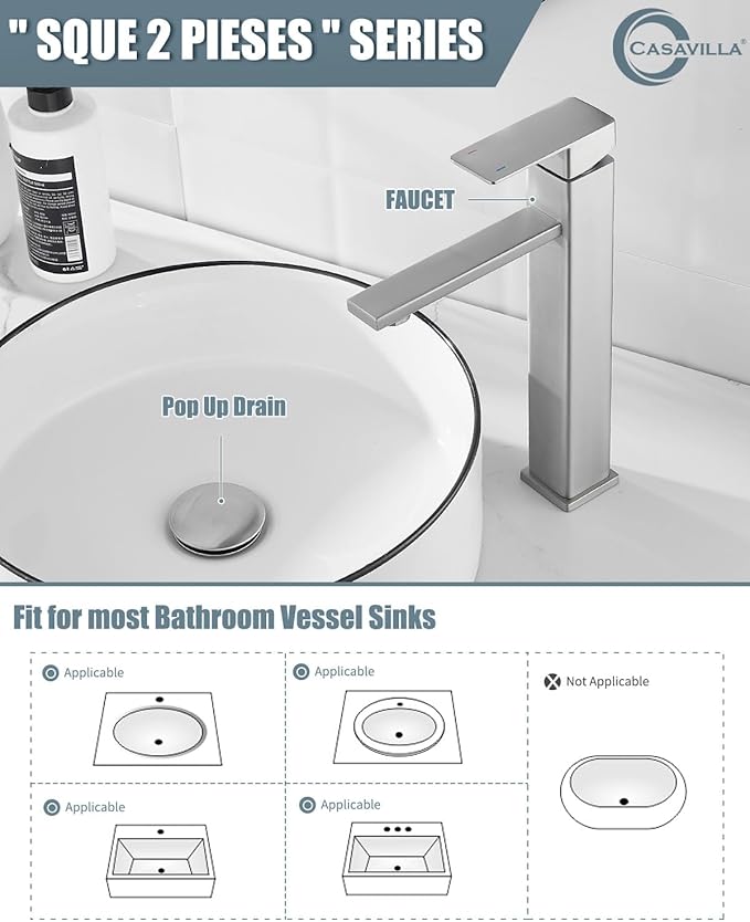 Bathroom Faucets, Brushed Bathroom Sink Faucet Set with Pop Up Drain, Single Hole Single Handle High Barrel Sink Vanity Faucet, Stainless Steel Lead-Free