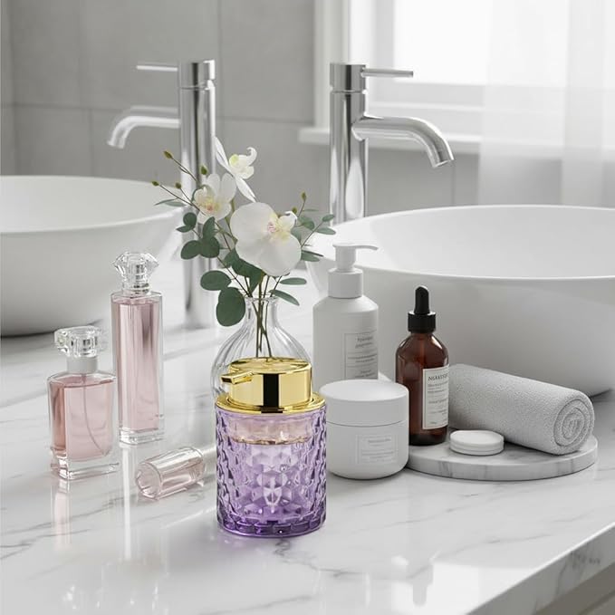 Fvstar 10 Oz Glass Hand Soap Dispenser with Pump, Refillable Bathroom Gold Foaming Soap Dispenser, Vintage Glass Diamond Lotion Container Bottle for Bathroom and Kitchen (1, Purple and Gold)