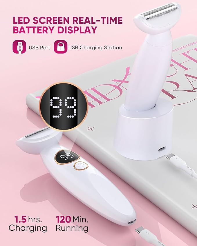 3 in 1 Bikini Trimmer for Women, Electric Razors for Women with Display, Painless Bikini Trimmer, USB Charging, Electric Shaver for Woman,Shaver for Woman for Face, IPX7 Waterproof,White