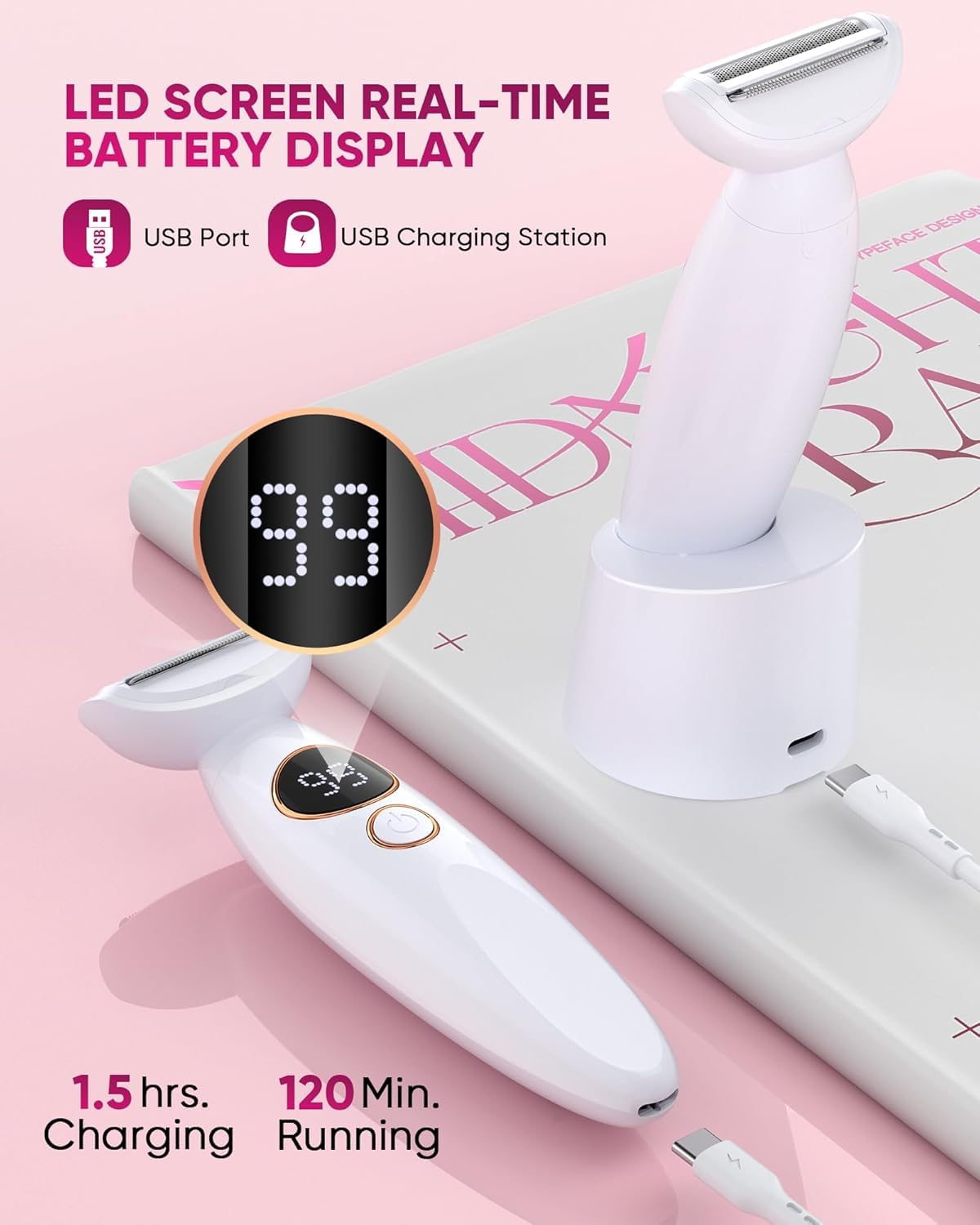 ANYLIV 3 in 1 Bikini Trimmer for Women, Electric Razors for Women with Display, Painless Bikini Trimmer, USB Charging, Electric Shaver for Woman,Shaver for Woman for Face, IPX7 Waterproof,White