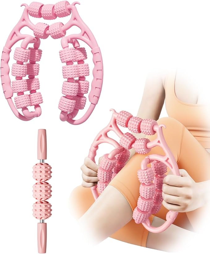 AwnPror Massage Roller for Legs,21 Wheel Circular Leg Clamp+3 Wheel Massage Roller Stick Lymphatic Massage for Relieve Soreness Stiffness Tight Muscles Deep Tissue-Pink
