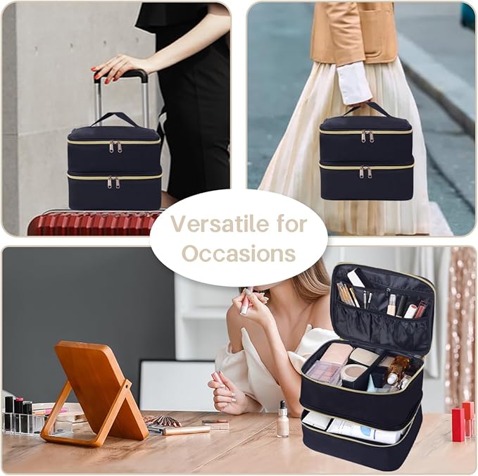 TANPADUAJI Double Layer Makeup Bag Portable Large Cosmetic Case Organizer with Adjustable Dividers Storage Travel Bag for Accessories Brushes Conditioner and Skin Care Products (Black)