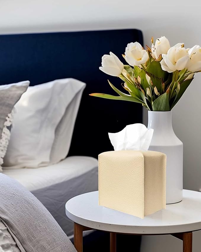 Tissue Box Cover Tissue Holder – Square Leather Tissue Box Holder with Bottom Belt [JESMINI, Beige] Modern PU Leather Tissues Cube Box Cover for Bathroom Countertop/Night Stands/Office