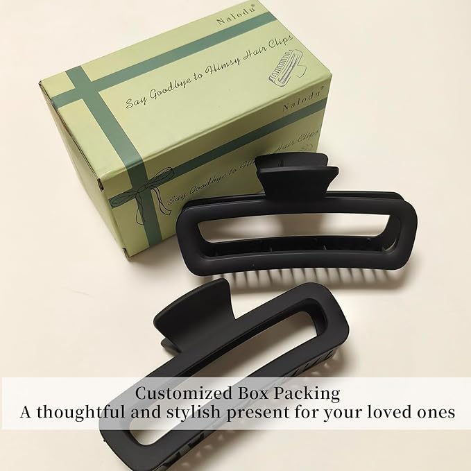 Nalodu Hair Claw Clips 5 Inch Unbreakable Black XL Large Square Rectangle Clip Clamp for Thick Curly Long Hair Women - 2 Pack