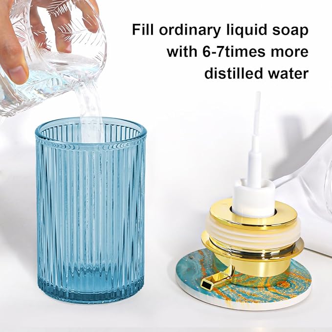 Tonxus Foaming Soap Dispenser, 12 Oz Blue Glass Foam Hand Soap Dispenser, Refillable Glass Foam Pump Bottle Container Decorative Slim Ribbed Bottle for Bathroom and Kitchen