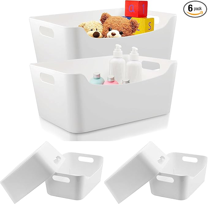 Ytteve 6-Pack Mixed Size White Plastic Storage Bins – Includes 2 Large (13"x9.5"x5.7") & 4 Medium (9.5"x6.7"x4.1") – Stackable Shelf Organizers for Kitchen Pantry, Closet, Bathroom, Office & Cabinet