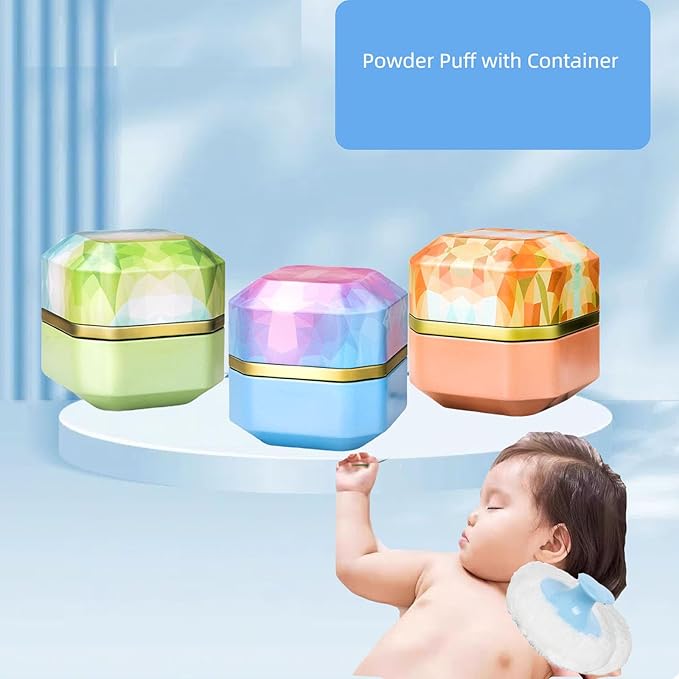 Body Powder Puff and Container, 3.35" Portable Dusting Powder Container with Soft Puff Powder Case Box Jar for Baby Women Home and Travel Use(Blue)