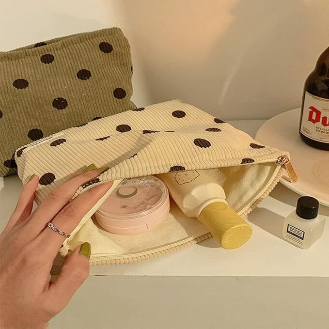 SxoSyo Corduroy Makeup Bags, Polka Dot Cosmetic Bag for Purse, White
