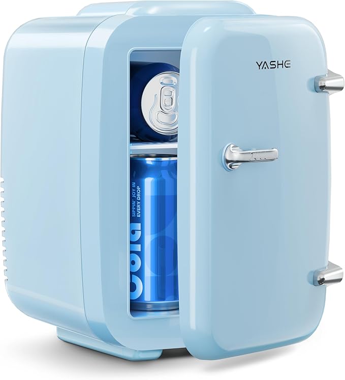 YASHE Mini Fridge, 4 Liter/6 Can Mini Makeup Fridge, 110V AC/ 12V DC Portable Thermoelectric Cooler&Warmer for Skincare, Drink, Cosmetic, Medicine, Small fridge for Bedroom, Office, Dorm, Car, Blue