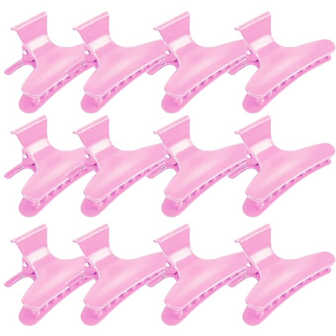 BAHABY Hair Clips for Styling and Sectioning - 12 Pack Pink Butterfly Clamps for Hair Conditioning, Blow Drying, Cutting, Coloring