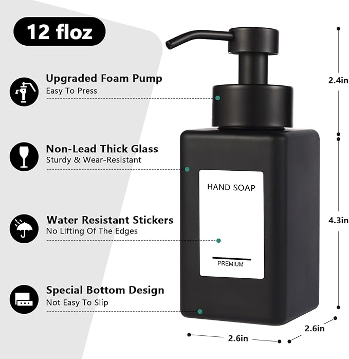 PLOUTA HOME Black Foaming Hand Soap Dispenser 2 Pack,12oz/350ml Glass Foaming Soap Dispenser Set with Stainless Steel Pump, Square Refillable Foam Pump Bottles for Bathroom&Kitchen,Includes 6 Labels