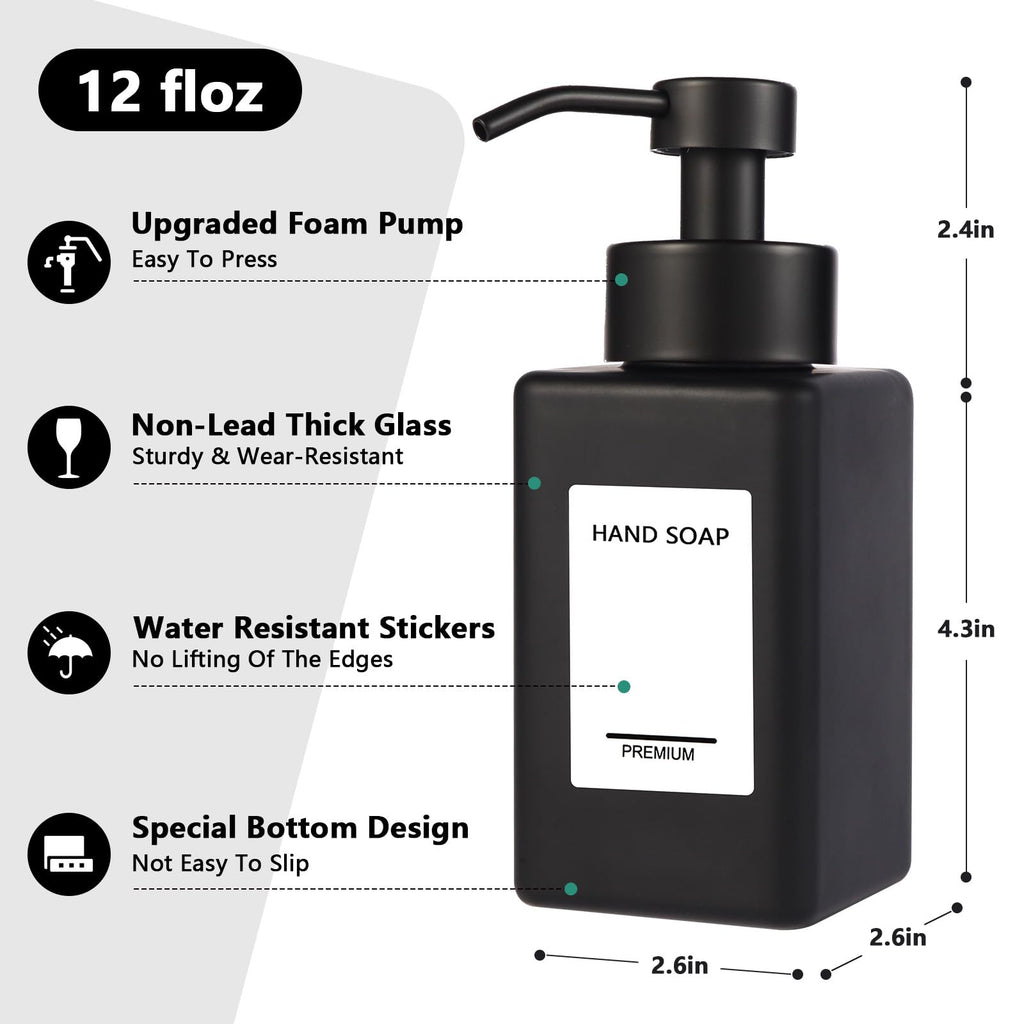 PLOUTA HOME Black Foaming Hand Soap Dispenser 2 Pack,12oz/350ml Glass Foaming Soap Dispenser Set with Stainless Steel Pump, Square Refillable Foam Pump Bottles for Bathroom&Kitchen,Includes 6 Labels