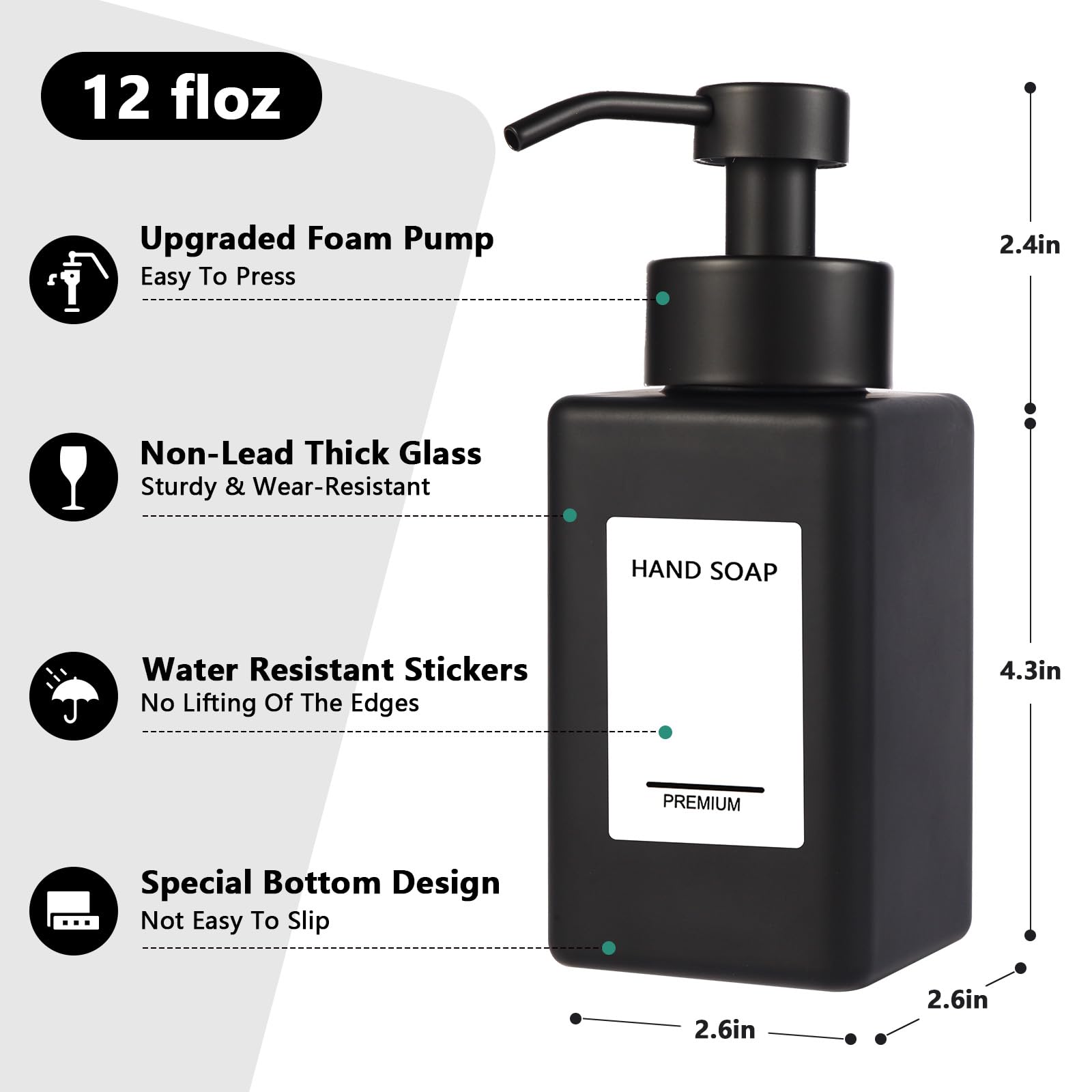 PLOUTA HOME Black Foaming Hand Soap Dispenser 2 Pack,12oz/350ml Glass Foaming Soap Dispenser Set with Stainless Steel Pump, Square Refillable Foam Pump Bottles for Bathroom&Kitchen,Includes 6 Labels