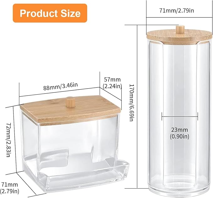 AIMIXUN 2 PCS Cotton Swab Dispenser, Pad Holder with Bamboo Lids, Qtip Bathroom Qtip Storage Container Bathroom Canisters with Lids, Cotton Round Dispenser for Floss Hair Ties Jewelry