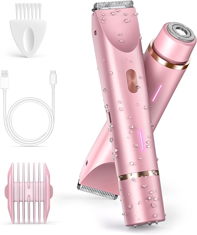 Bikini Trimmer for Women, Painless Electric Razor for Women with Dual Head, IPX7 Waterproof Pubic Body Hair Trimmer Electric Shaver for Legs/Arm/Underarm (Pink)