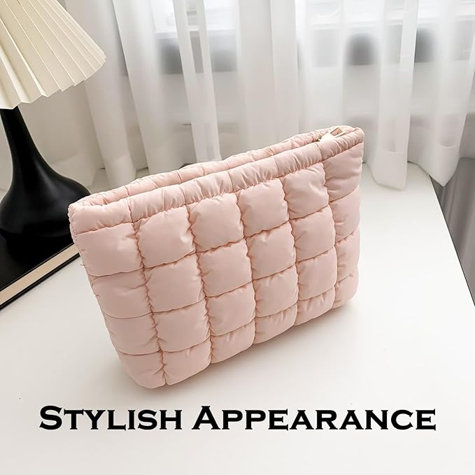 HFLZBRO Puffy Quilted Makeup Bag for Women, Cosmetic Bag, Travel Toiletry Organizer Pouch Clutch (pink)
