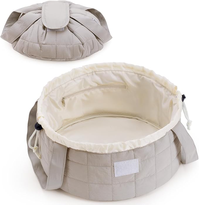 Narwey Lay Flat Open Drawstring Makeup Bag, Large Quilted Cosmetic Bag for Women Girls, Cute Make up Bags with Handle, Portable Travel Toiletry Bag for Skincare, Brushes & Travel Essentials (Khaki)