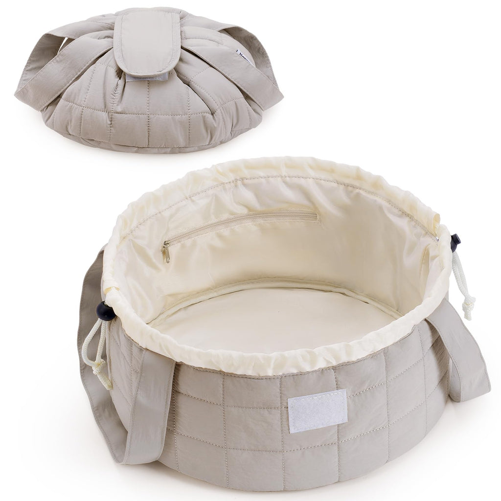 Narwey Lay Flat Open Drawstring Makeup Bag, Large Quilted Cosmetic Bag for Women Girls, Cute Make up Bags with Handle, Portable Travel Toiletry Bag for Skincare, Brushes & Travel Essentials (Khaki)