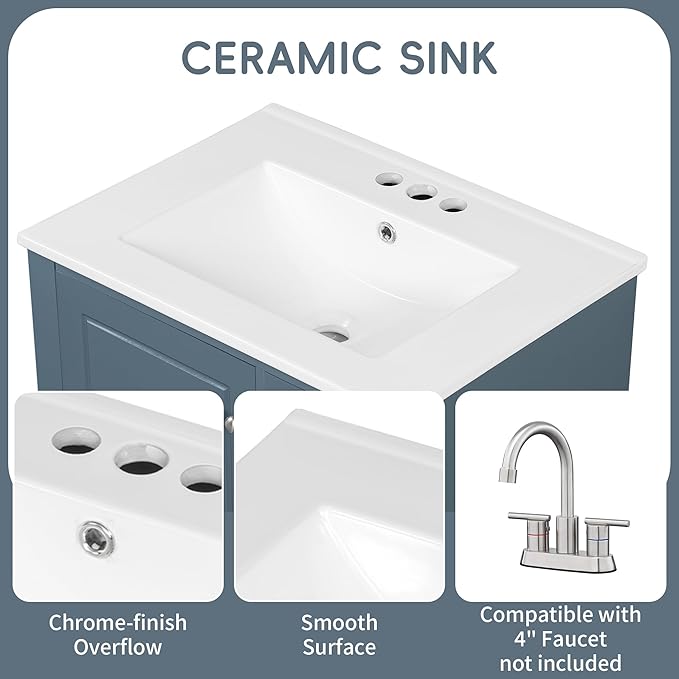24" Bathroom Vanity with Sink, Harper & Bright Designs Free Standing Single Vanity Set with 3 Drawers and One Door with Storage Racks, Wooden Storage Cabinet with Ceramic Basin for Bathroom, Blue Grey