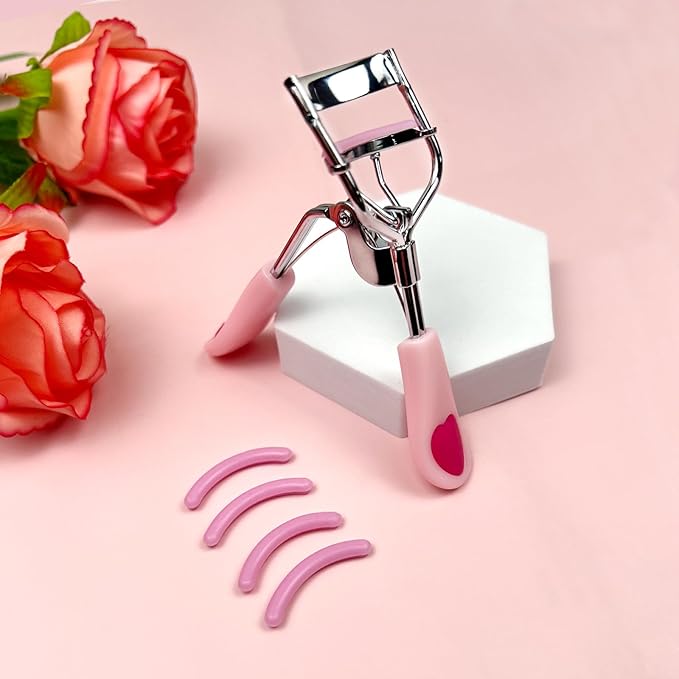 Pink Stainless Steel Eyelash Curler for Lasting Styling, with 4 Silicone Refill Pads, Pain-Free, Suitable for All Eye Shapes