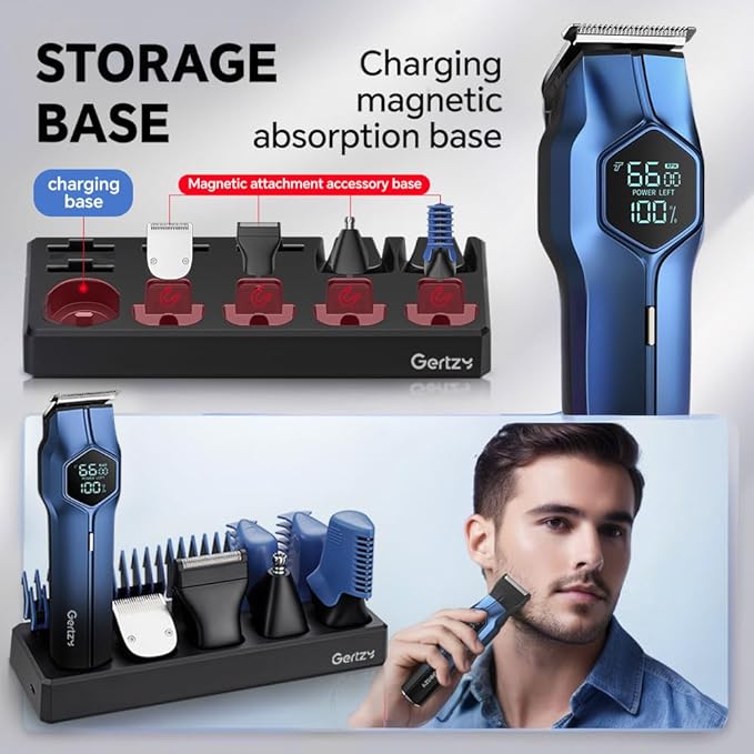 5-in-1 Electric Beard Trimmer Magnetic Replacement Heads, Professional Cordless Hair Clippers for Men Rechargeable, IPX7 Waterproof Grooming Kit for Face, Mustache, Body, Nose, Gifts for Men (Blue)