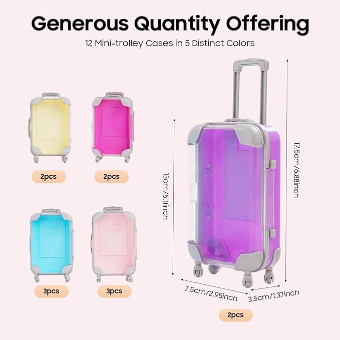 Jiabailie 12 Pack Mini Suitcase Party Favor Gift Box Plastic Mini Luggage Trolley Candy Box False Eyelashes Tiny Suitcase for Girls Birthday Party Jewelry False Eyelashes Storage 5 Colors