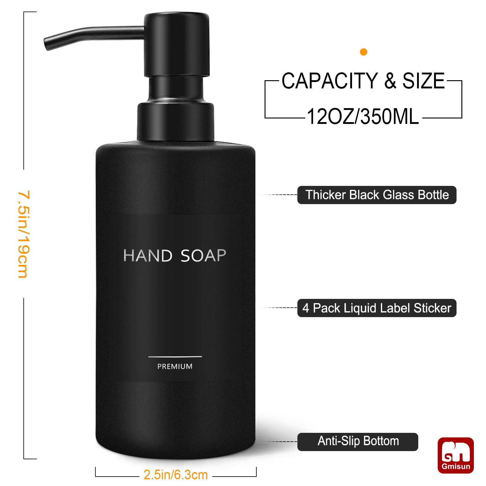 GMISUN Black Soap Dispenser, Hand Soap Dispenser Bathroom, Hand and Dish Dispenser Set for Kitchen, 12 fl oz/350ml Glass Liquid Soap and Lotion Dispensers with Stainless Steel Pump, 2 Pack Refillable