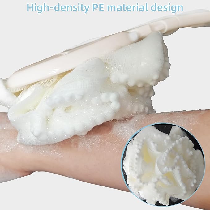 Topfinder Loofah Sponge with Handle,Back Scrubber Brush for Shower, Lotion Applicator for Back,3 in 1 Shower Kit (White loofah)