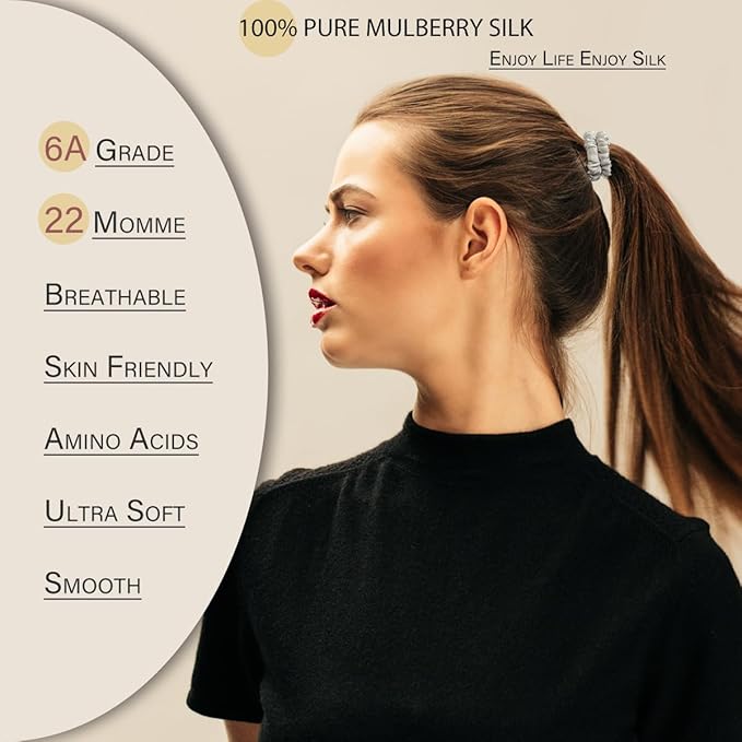22 Momme 100% Pure Mulberry Silk Scrunchies (10 PCS) - Small Hair Elastics and Ties for Women Sleep, Hair Care No Damage, Black*5+Brown*5