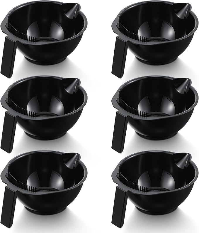 zisiueel Hair Dye Bowl Set - 6 Black Hair Color Mixing Bowls with Measurements, Pour Spout, Handle & Combed Edge - Reusable Salon Hair Coloring Bowls for Professional or Home Use ﻿