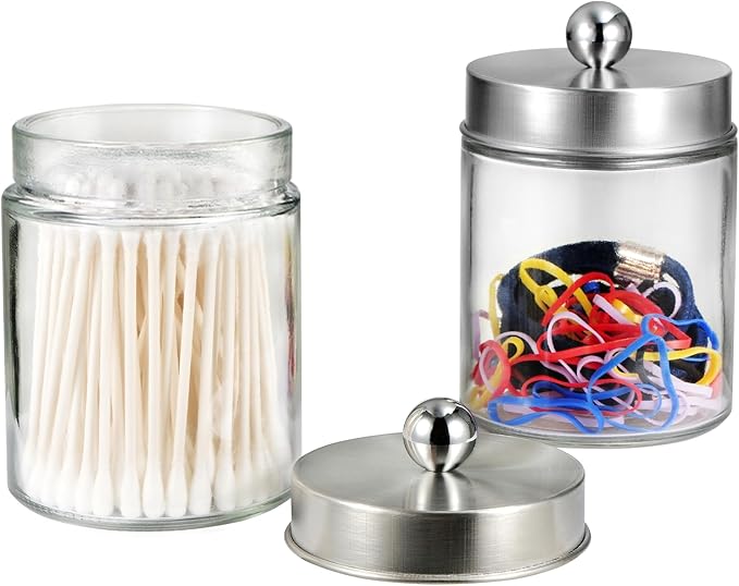 SheeChung 4-Pack Glass Qtip Holder Dispenser - Rust-Proof Stainless Steel Apothecary Jars with Labels -Bathroom Organizer for Cotton Swabs, Balls, Pads-Sleek Countertop Canister (Brushed Nickel)